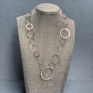 Multi Circle Link Necklace Silver Chain Rhinestone Bling Glam Retro Mod Classic